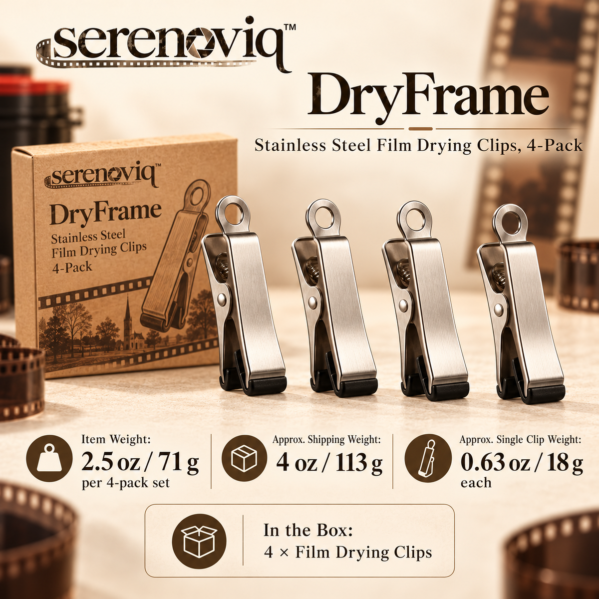 serenoviq™ DryFrame Stainless Steel Film Drying Clips, 4-Pack
