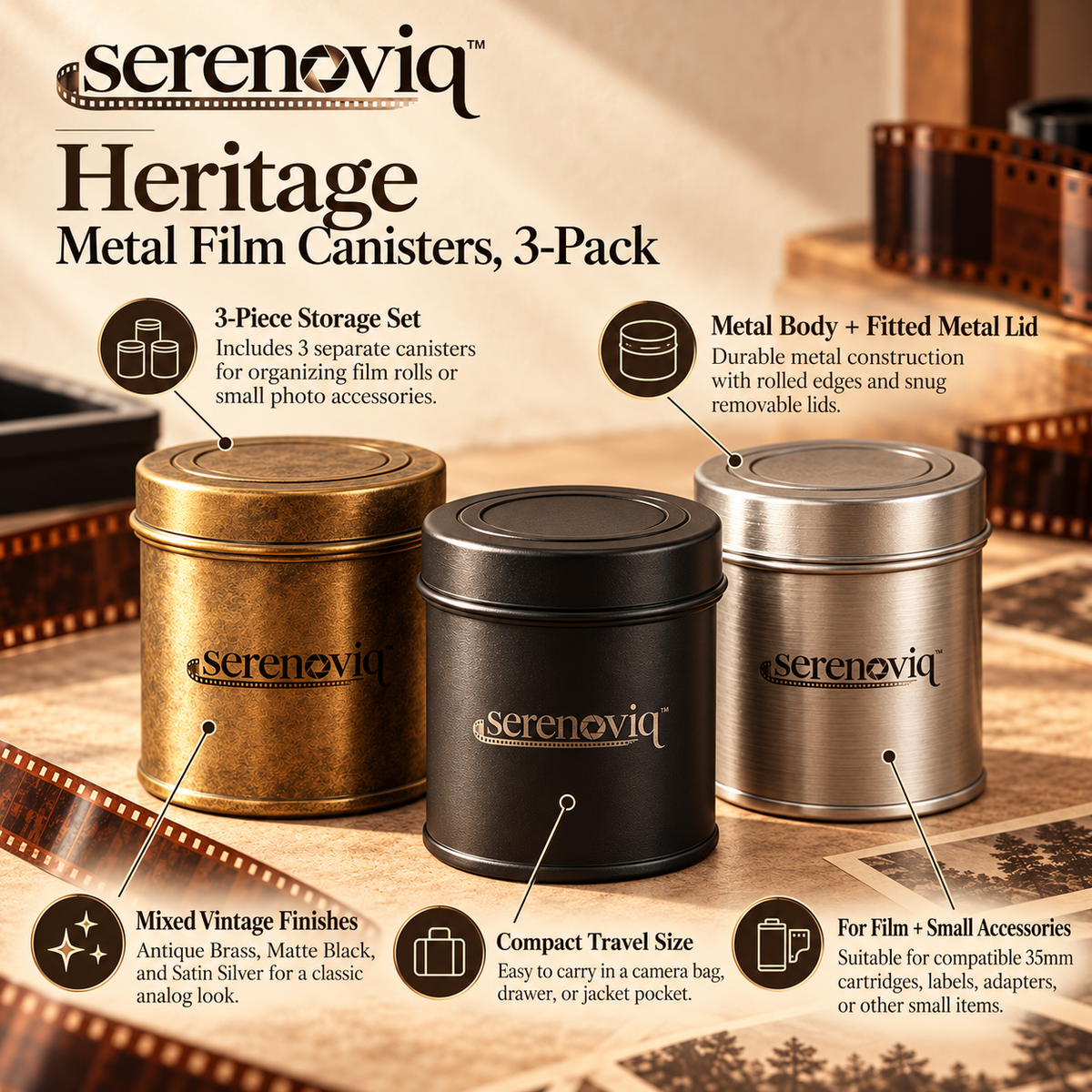 serenoviq™ Heritage Metal Film Canisters, 3-Pack