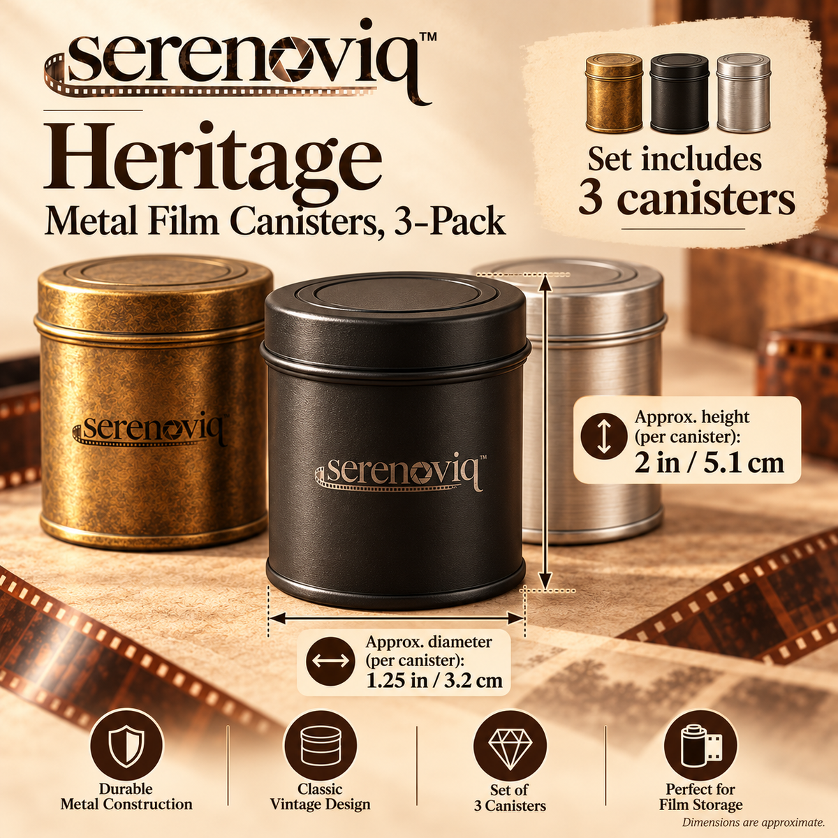 serenoviq™ Heritage Metal Film Canisters, 3-Pack