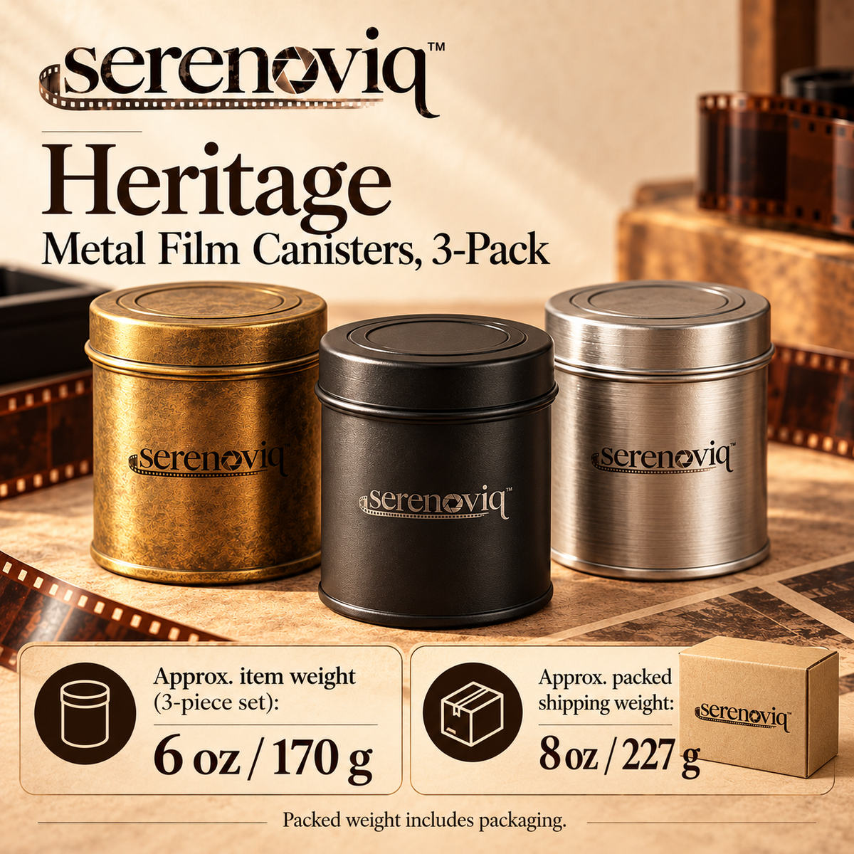 serenoviq™ Heritage Metal Film Canisters, 3-Pack