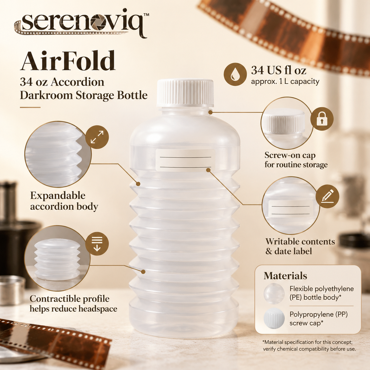 serenoviq™ AirFold 34 oz Accordion Darkroom Storage Bottle