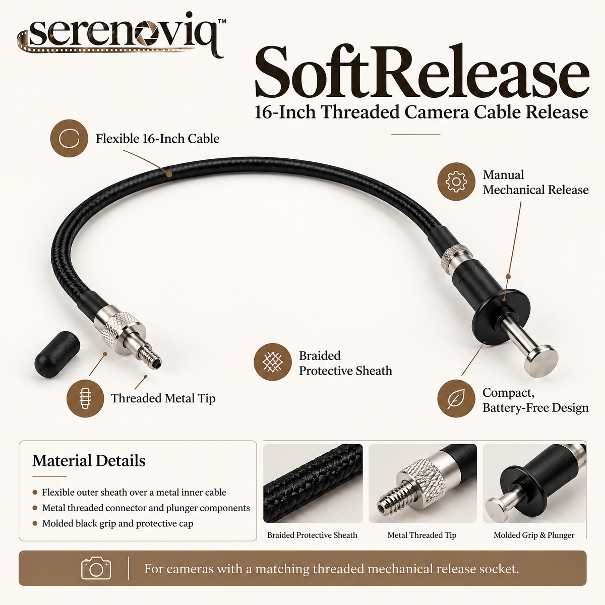 serenoviq™ SoftRelease 16-Inch Threaded Camera Cable Release