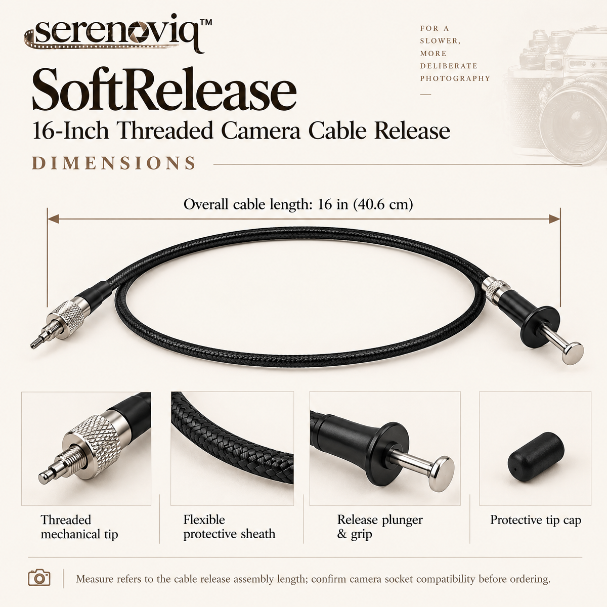 serenoviq™ SoftRelease 16-Inch Threaded Camera Cable Release